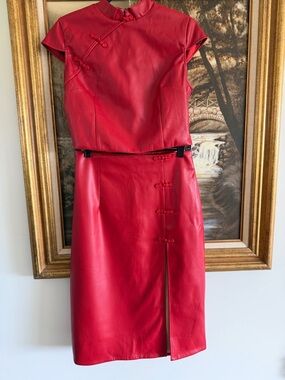 Fashion Nova Red Faux leather blouse and skirt